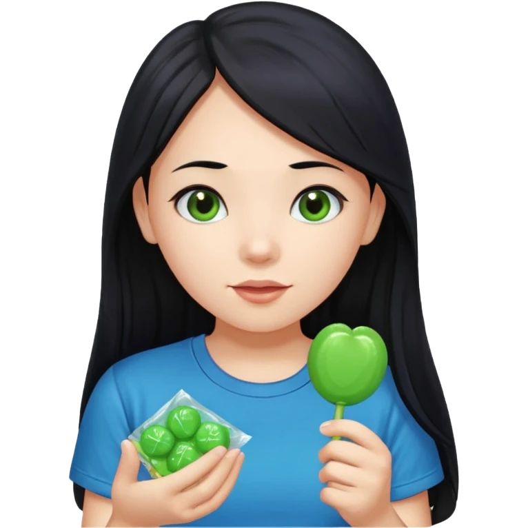 A girl with long black hair wearing a blue t-shirt holding a piece of green hard candy in one hand and a green candy wrapper showing a guava on it in the other hand emoji