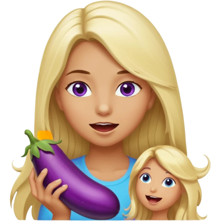Girl, long blond hair, blue eyes, sucking big eggplant emoji