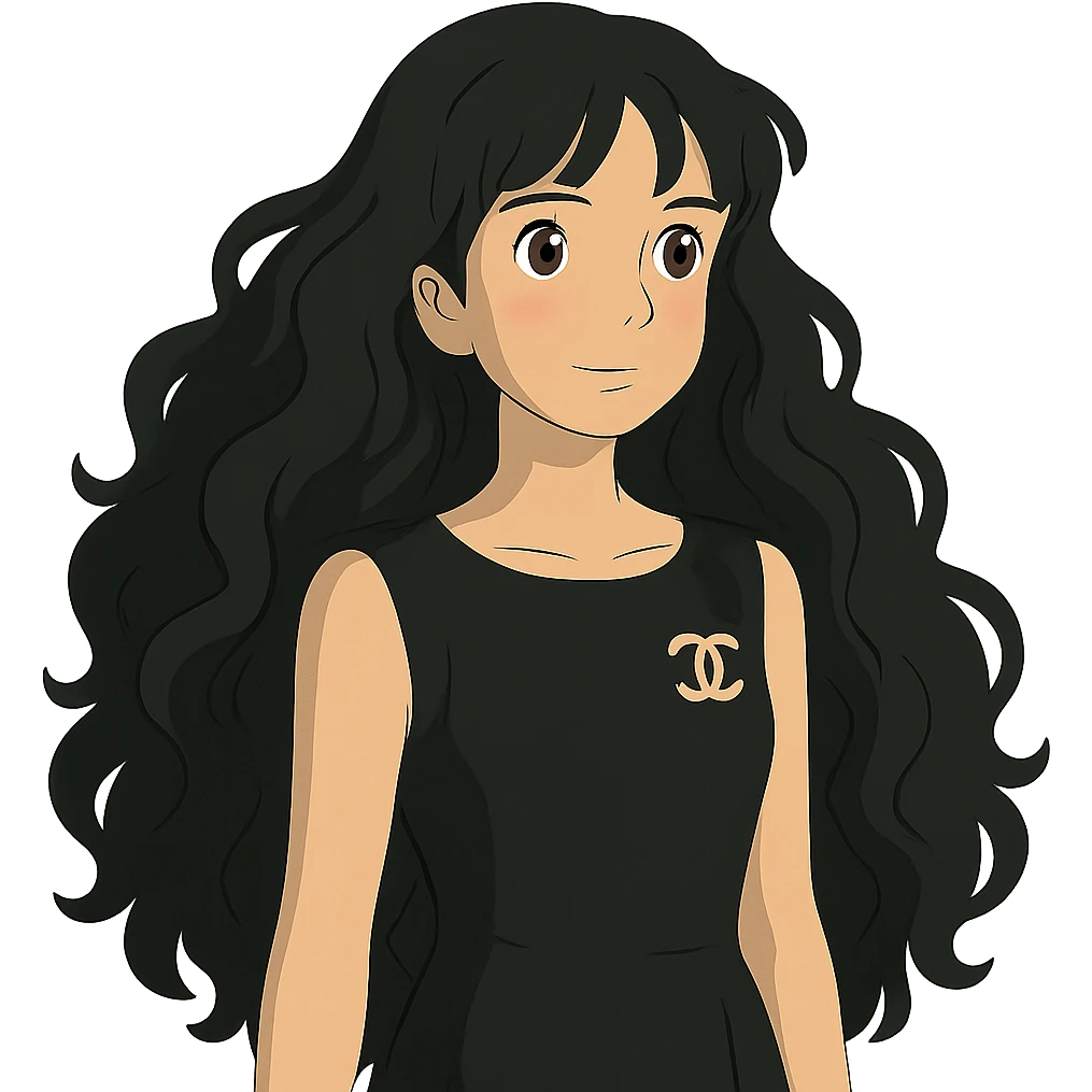 light skin girl with very long black curly hair, brown eyes, black Chanel dress emoji