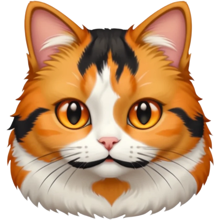 calico cat with small head, hazel eyes, and short but chubby body emoji