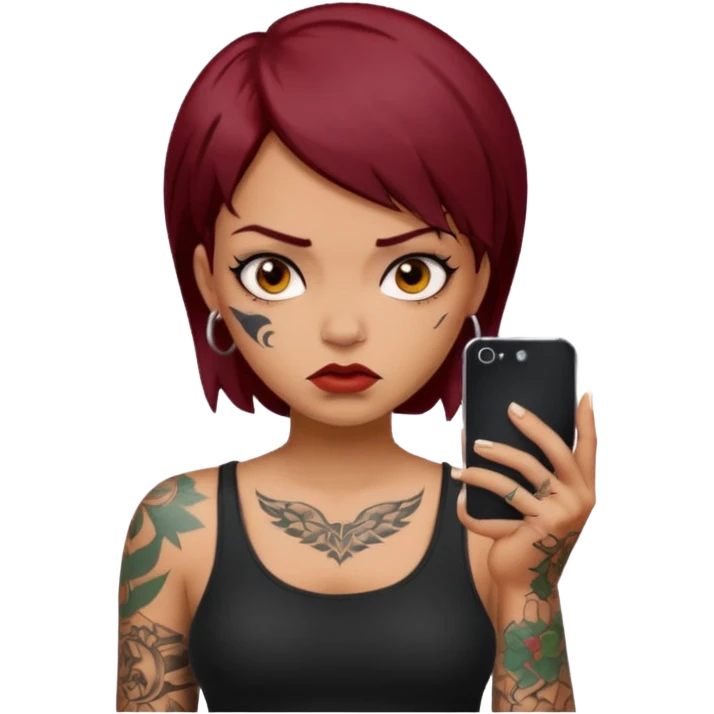 generate a girl with dark red hair, tattoos, short black hair calling on the mobile phone. Looking mad emoji