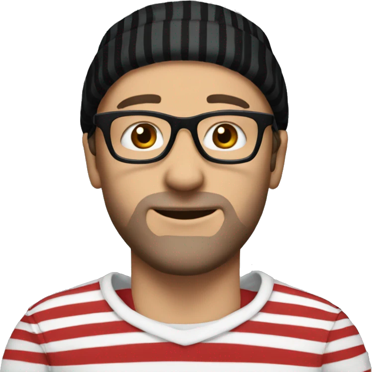 White man with long face black glasses a white and red striped beanie and shirt emoji