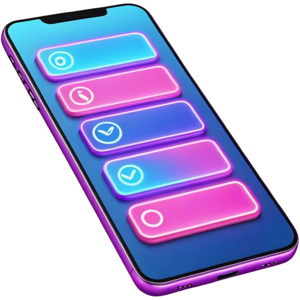 smartphone screen displaying video tutorial, pink and light blue colors, with neon glow lines, blue neon light on top left, purple neon light on bottom right emoji