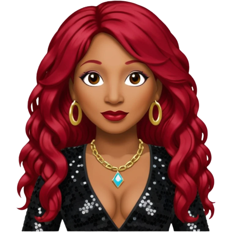 Traci Braxton with long dark red hair, black sequin outfit emoji