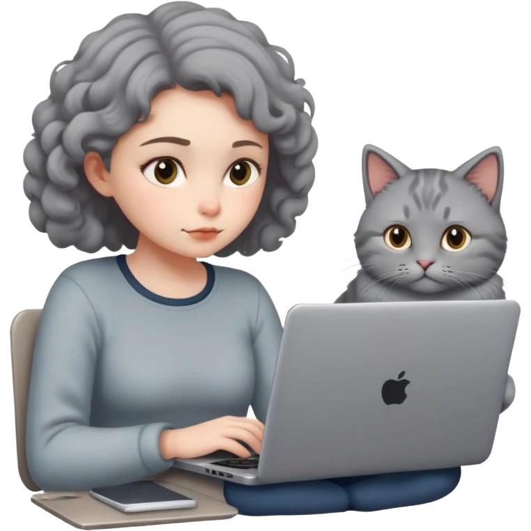 A girl is working hard on a laptop with a cat next to it emoji