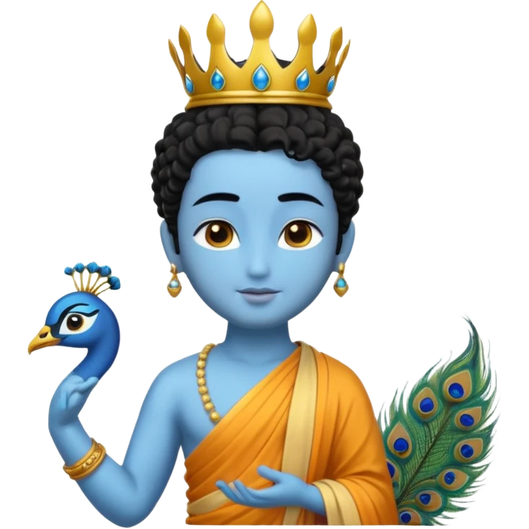 Create a Jesus, Krishna, and Buddha standing together. Krishna: bright blue skin, black curly hair tied in a small topknot, a tiny golden crown decorated with a peacock feather, wearing a yellow dhoti and light golden jewelry

 emoji