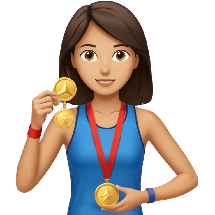 Beautiful brunette woman marathon runner receives medal emoji
