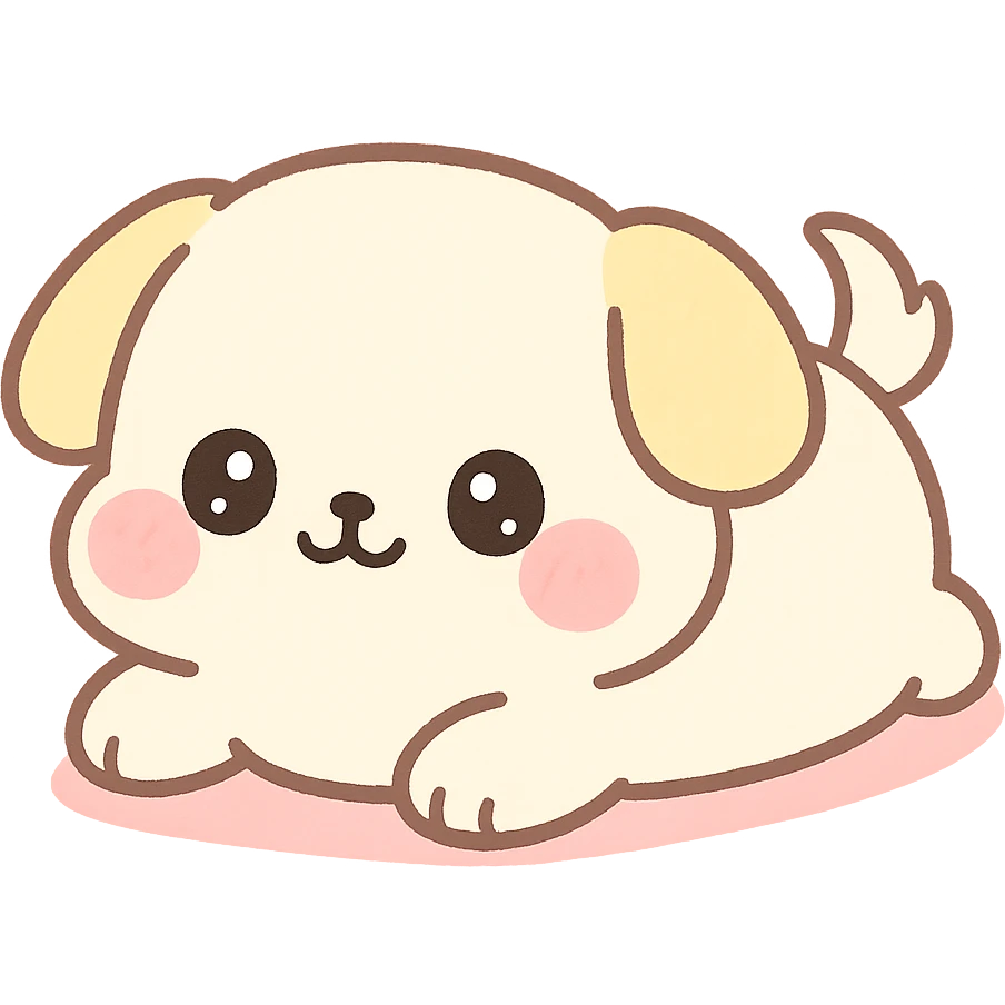 super kawaii, fluffy chubby puppy lying down, round face, big sparkly eyes, blushing cheeks, tiny limbs, short tail, soft fluffy fur; hand-drawn Japanese kawaii style, watercolor pastel tone, consistent colors cream, pastel pink, pastel yellow, baby blue emoji