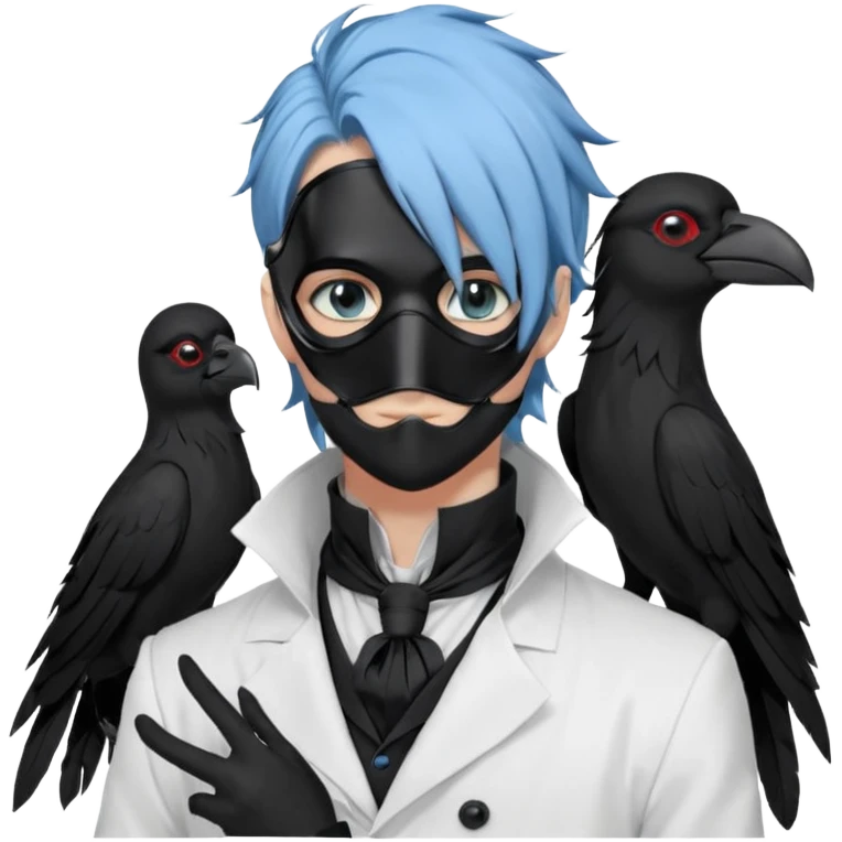 Handsome sexy adult anime man with light-blue hair and a black bird beak mask that covers whole face, black face mask, black mouth mask, black feathers draped over shoulder, wearing a white lab coat, long thin hair tendrils on the sides, with a mechanical raven sidekick, blue cravat, red eyes emoji