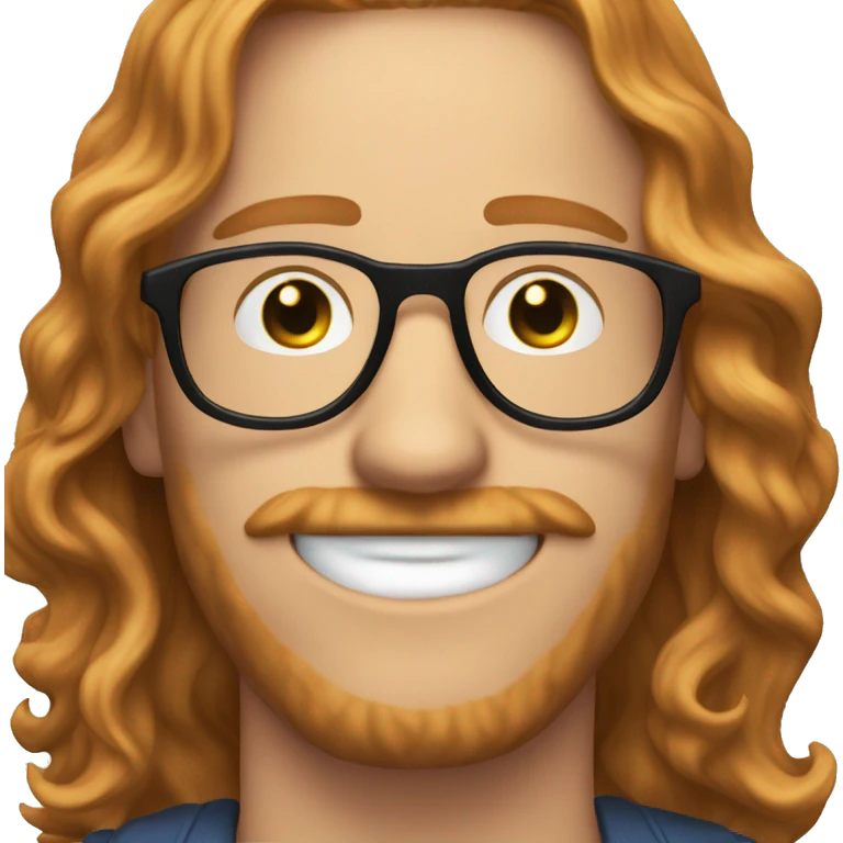 30 years old guy, with round glasses, blue eyes, long wavy hair ginger, moustache circular glasses emoji