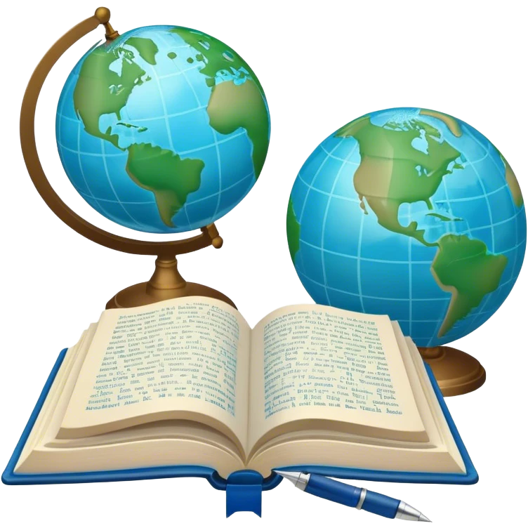 Create an emoji representing language translation. The design should feature just one globe in the background, symbolizing international communication. In front of the globe, place two opened books with texts on them and a pen nearby to indicate the act of writing. Use a clean and professional color palette with blues, greens, and neutral tones. Make the background transparent. emoji