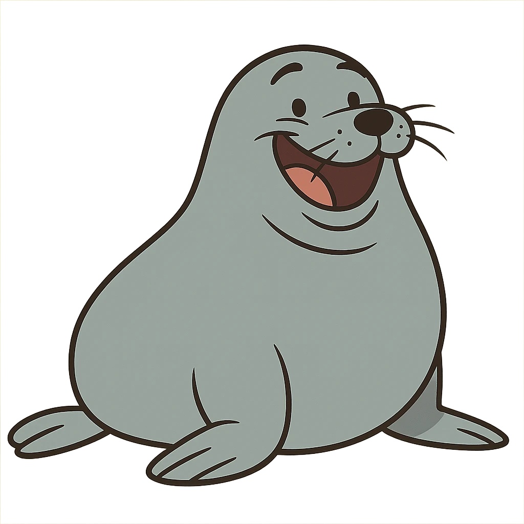 plump happy seal with a big smile, cartoon style emoji