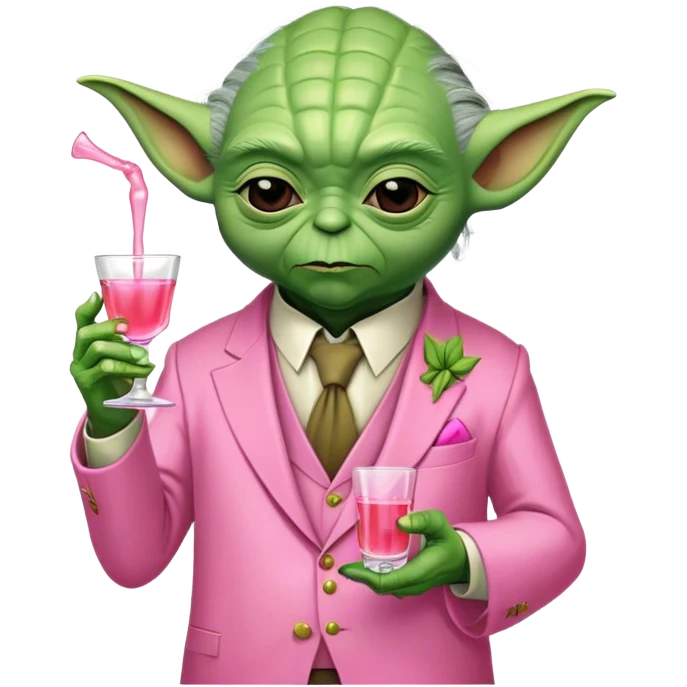 Master Yoda in pink suit, holding one small pink tequila shot emoji