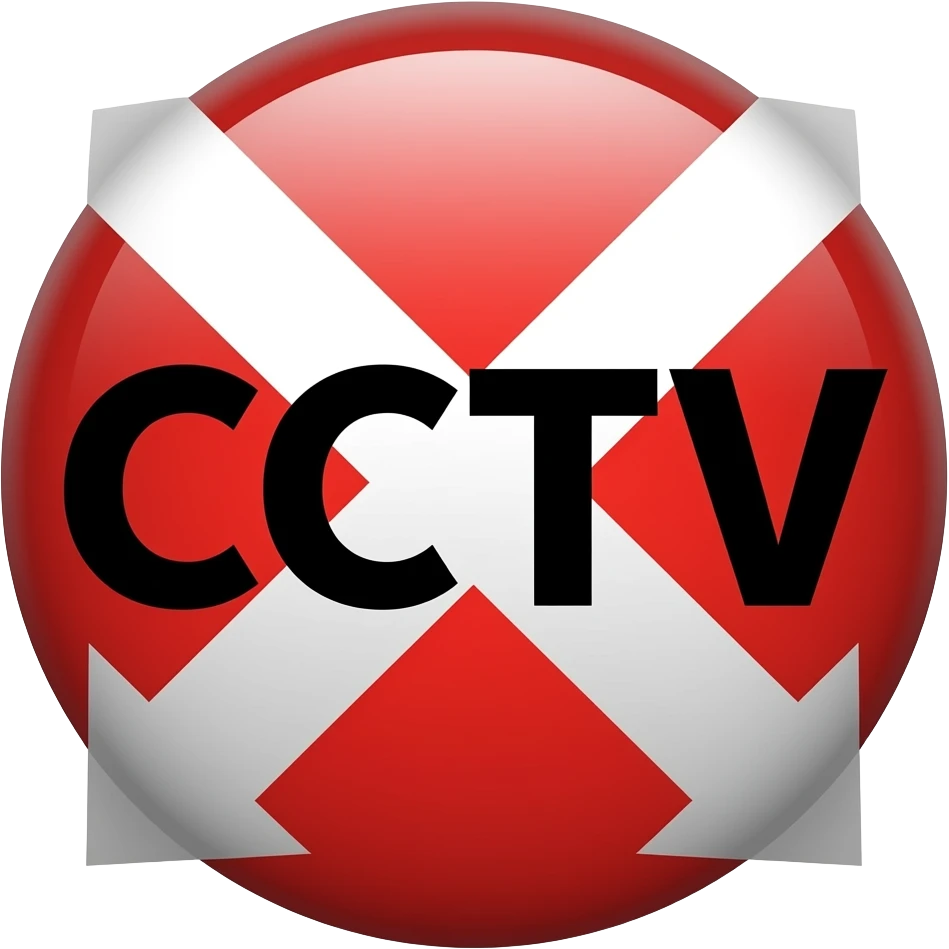Red filled circle with white X and arrow end points on the X. Big CCTV word in the centre in black emoji