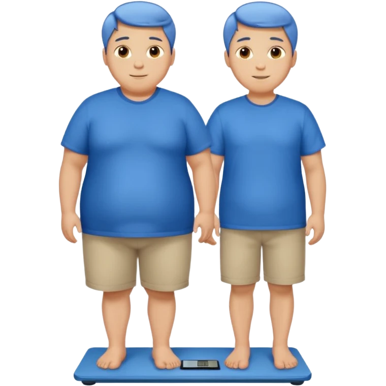 A young male with short dark-blonde hair and medium-light skin, only slightly overweight. He stands on a scale with a relieved, happy expression after noticing weight loss. He wears blue cloth, his posture relaxed with a gentle smile. emoji