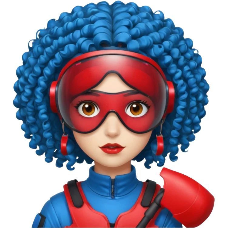 blue curly haired girl with huge earrings wearing red paintball helmet and eye protection, only face  emoji