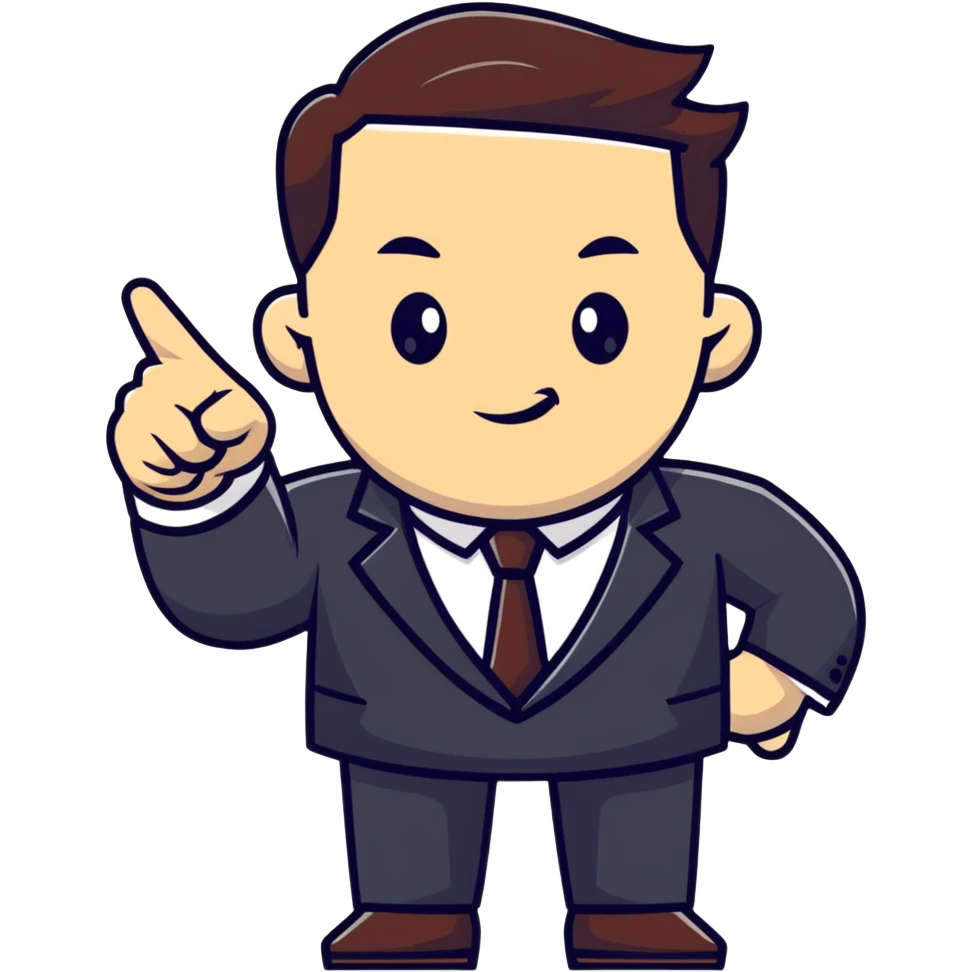 Boss character with a confident pose, business attire, pointing forward emoji