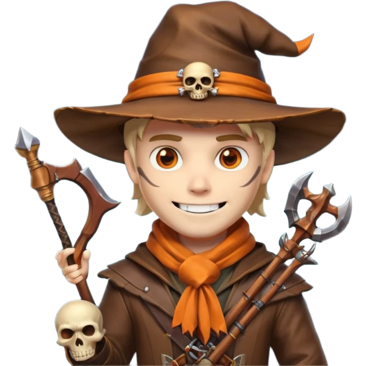 male human monster hunter emoji, wearing brown leather coat and wide hat, holding crossbow or rifle, with amulet shaped like skull, Halloween fantasy theme, confident smile, orange scarf, Apple emoji style, clean white background, square image emoji