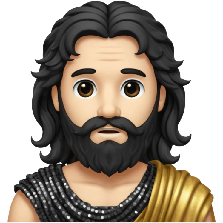 Pluto, God of Death from Roman Deities with long black wavy hair and beard, dark grey sequin toga emoji