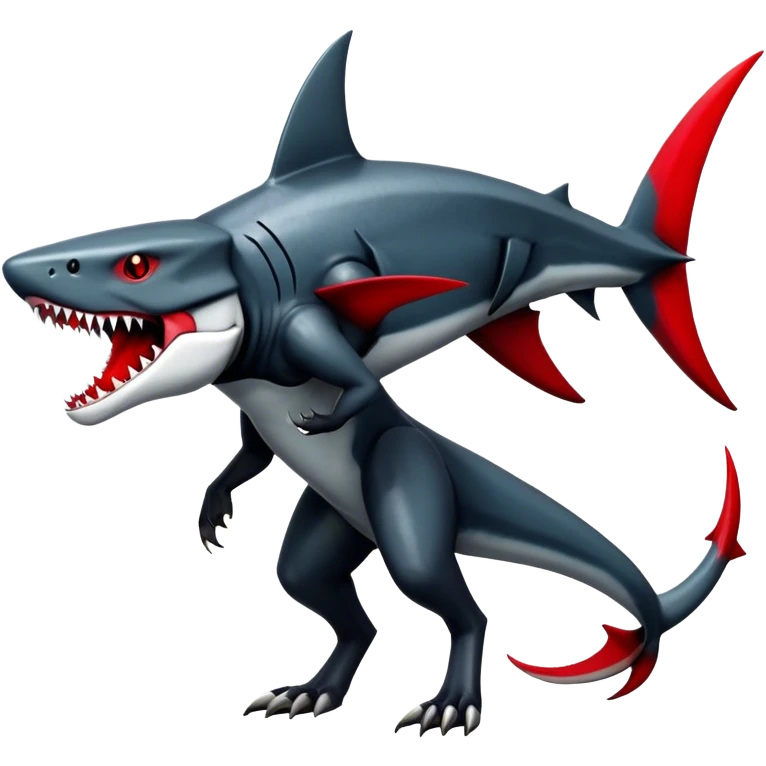 Realistic dark edgy futuristic modern advanced Sharpedo-Houndoom-Garchomp-Gabite-Scizor-sergal-hybrid-animal creature with a shark-tail and red scars, full body, with cool sharp markings  emoji