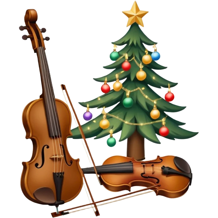 sapin de Noël décoré d'une guirlande lumineuse et de boules  avec un violon à la place du tronc et un petit singe perché au sommet en train de mettre l'étoile de Noël emoji