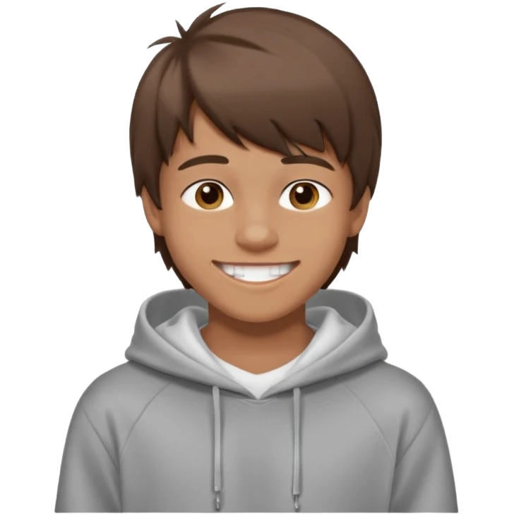 16 yr old boy, brown hair, straight, big smile, white teeth, tanned skin, bangs, hooded sweatshirt emoji