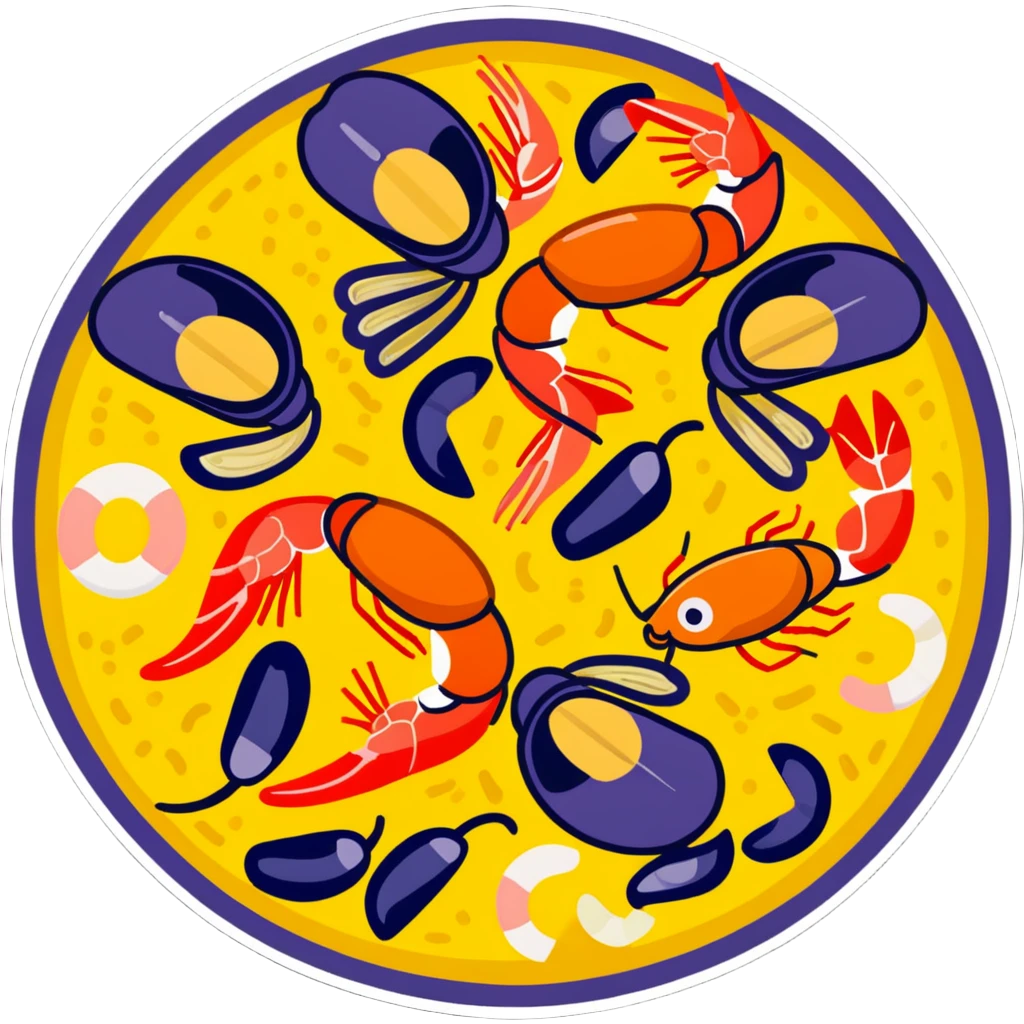 delicious seafood paella with prawns, mussels, and yellow rice in a traditional paella pan emoji
