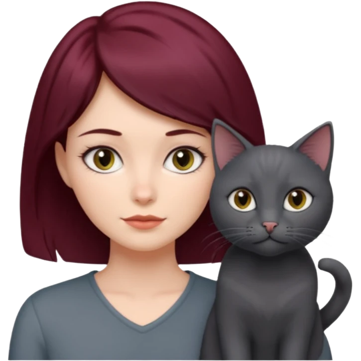 femme au cheveux court bordeau, yeux gris,  avec chat poils longs gris et chat poils ras noirs emoji