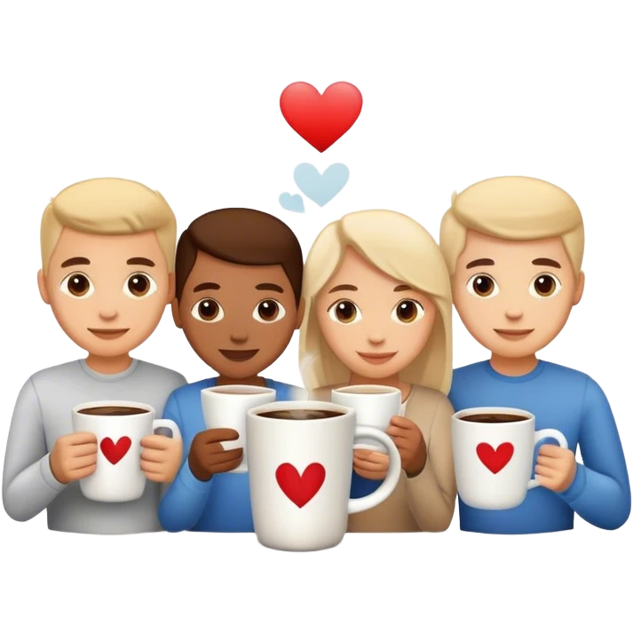 friends drinking coffee in a mug with the logo “v.love” emoji