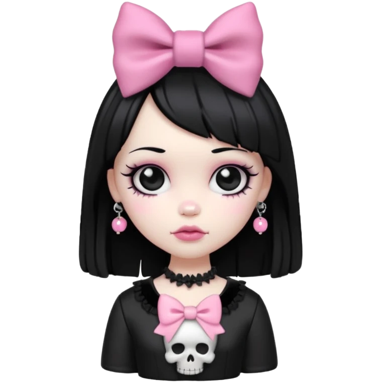 gothic girl with pink bow and skull charm, gothic style, vinyl figure, puffy details emoji