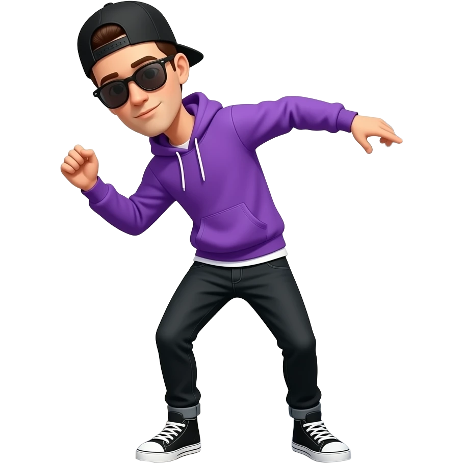 tall skinny guy with black basecap, purple hoodie, sunglasses, is breakdancing emoji