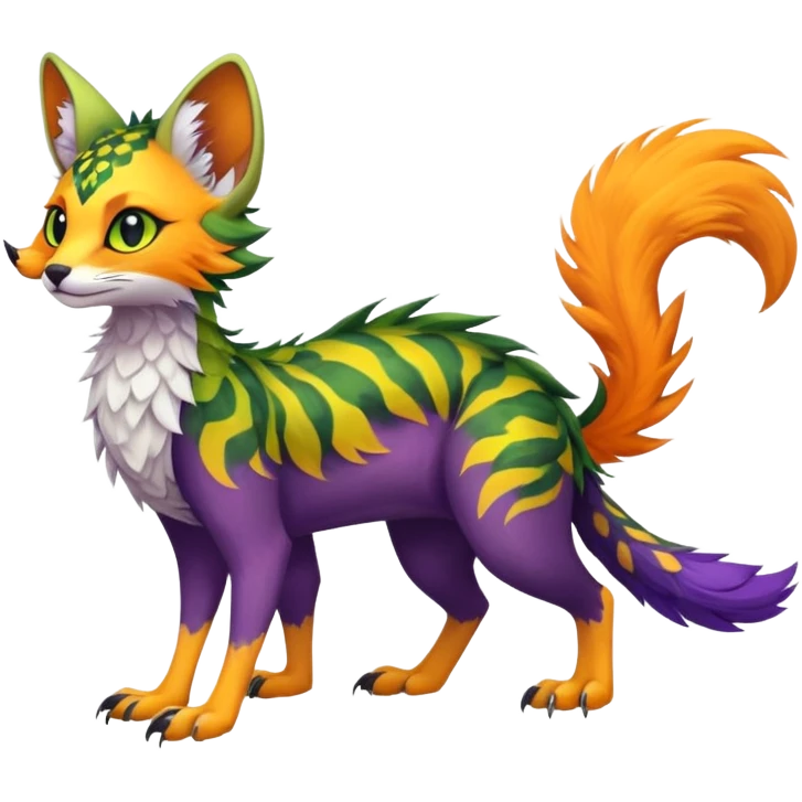 Feral Rare Fantasy vibrant tropical Vernid-Trico-species by LiLaiRa, random markings, tufted tail, tufted ears, full body emoji
