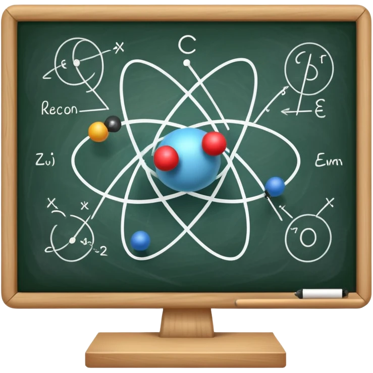 An icon featuring an atom model, a chalkboard with formulas, and a magnet with field lines, symbolizing physics. The design includes a pendulum, light waves, and circuit elements, representing the study of matter, energy, and forces. Transparent background highlights scientific emoji
