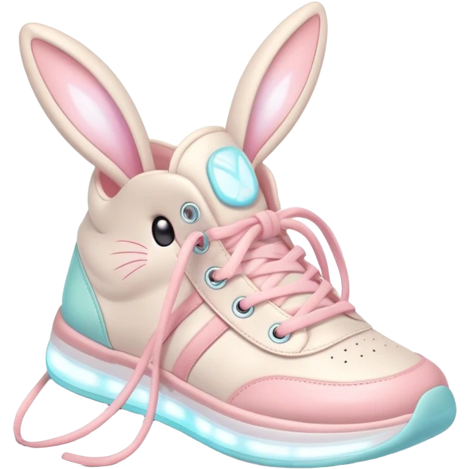 Cute Kawaii Shoe, small and bouncy, soft pastel sneakers with glowing highlights, cute sparkling eyes, a happy cheerful expression, laces tied like bunny ears! emoji