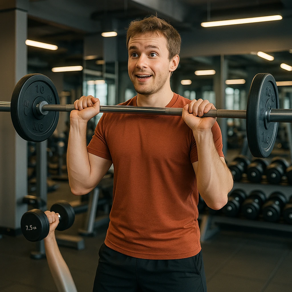 beginner subject in modern gym, wearing sportswear, starting workout with barbells and dumbbells, motivated and slightly uncertain expression, enthusiastic atmosphere, realistic details, background with weight rack and mirrors, 4K quality emoji