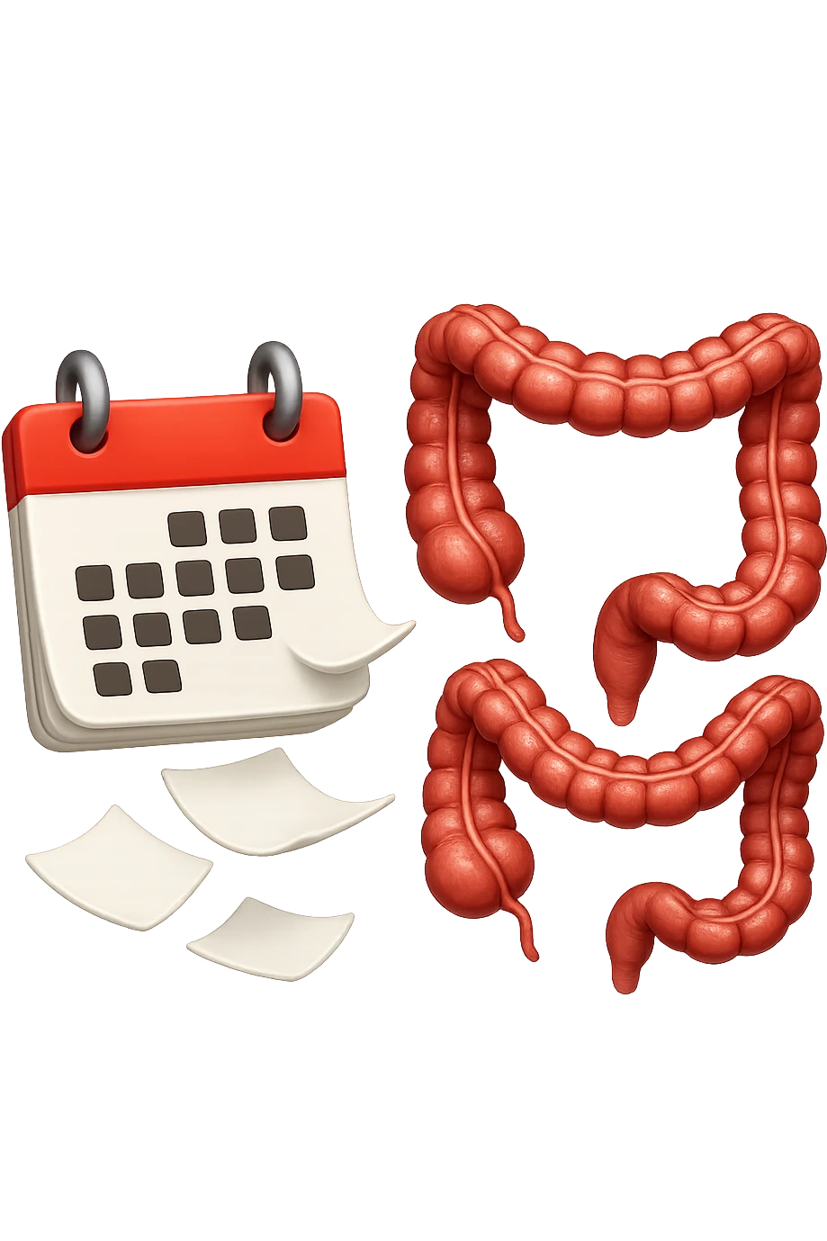 emoji stile iphone di un calendario con fogli che volano insieme a pezzi anatomici di colon umano, iperrealistico 4k, isolato su sfondo bianco emoji