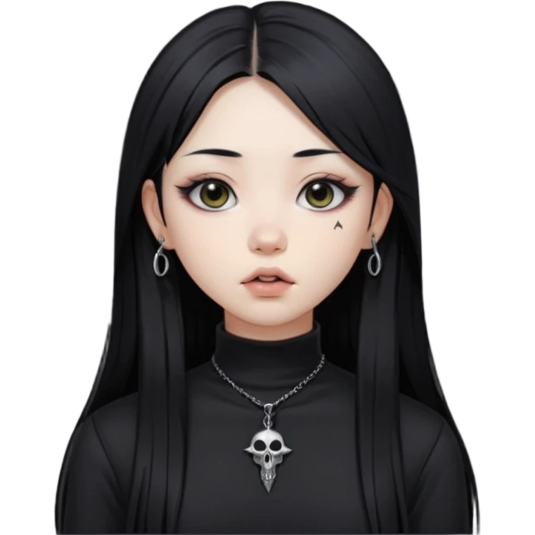 goth Asian girl, straight long black hair, vertical labret lip piercing, black mock neck shirt emoji