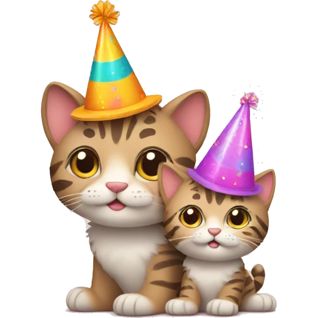 big cat and little kitten wearing birthday hats emoji