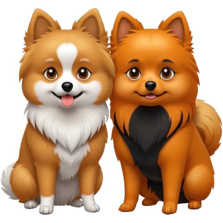 TWO POMERANIANS STANDING NEXT TO EACH OTHER. GIRL WHITE WITH ORANGE PATCHES AND BOY ALL BLACK WITH WHITE ON SNOUT AND CHEST . EMOJI DOGS. emoji