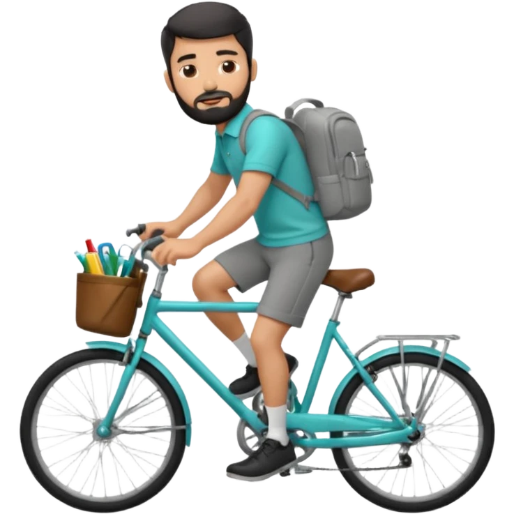 a man with a grey backpack and a torquoise byciycl and he has black shot=rt man hair and a beard with a polo grey shirt and dress pants and hes riding it with pants remeber emoji