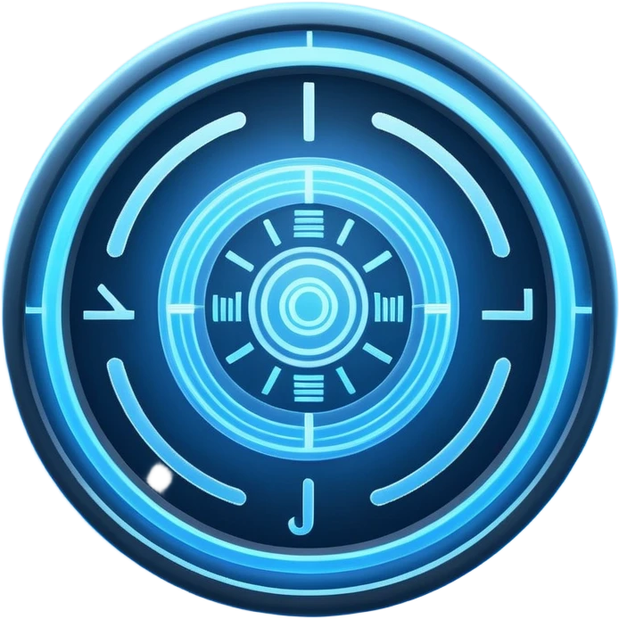 A circular blue holographic interface made of concentric rings, glowing tick marks, and data arcs, with the text “J.A.R.V.I.S.” centered, resembling a futuristic digital HUD floating in space. emoji