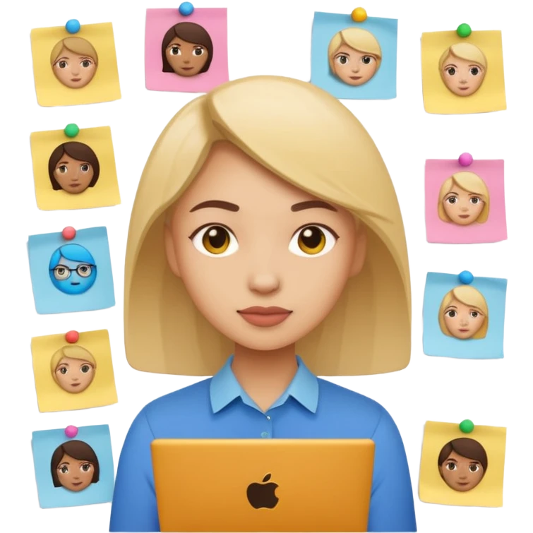 woman UX designer surrounded by interface icons and sticky notes emoji