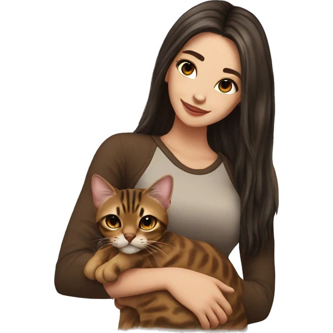 Beautiful woman long dark brown hair hug bengal cat emoji
