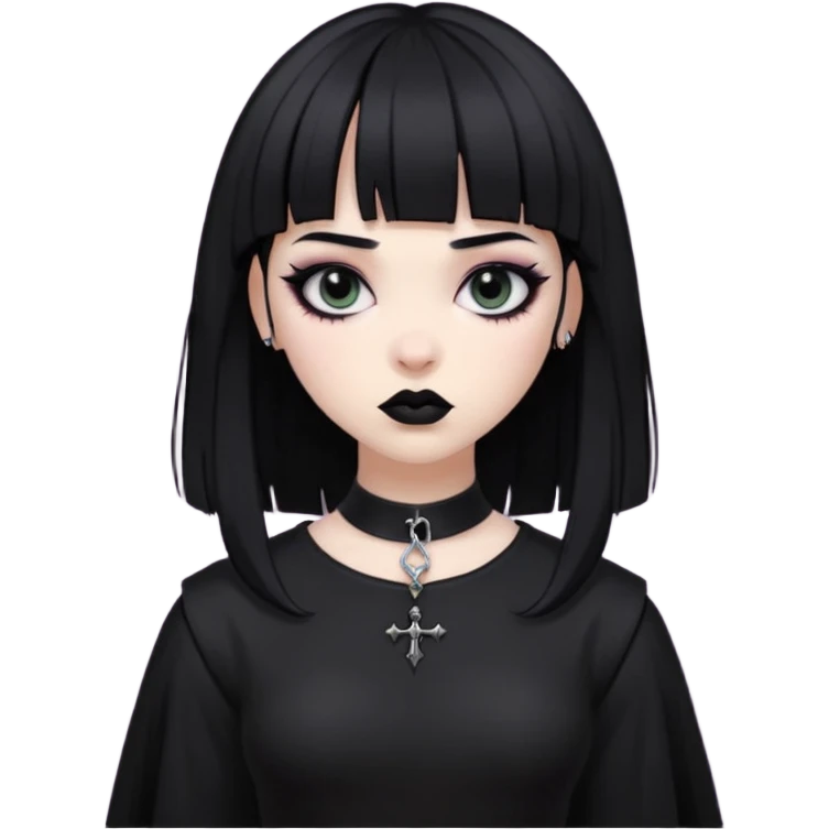 black goth with pale skin, dark makeup, black hair, with bangs emoji