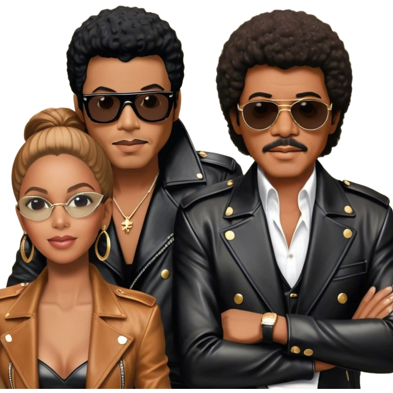 Michael Jackson in his black leather jacket, Beyoncé in a glamorous stage outfit, Lionel Richie in his classic look, Whitney Houston in her famous dress, and Ray Charles in black glasses sitting at a piano. Transparent background. emoji