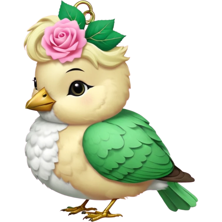 un oiseau classique vert avec un collier avec des breloque argentées et un poil blond qui fait une petite bouclette sur le front et à côté un oiseau rose avec le même collier mais en doré et un cheveu marron et les deux se regardent emoji