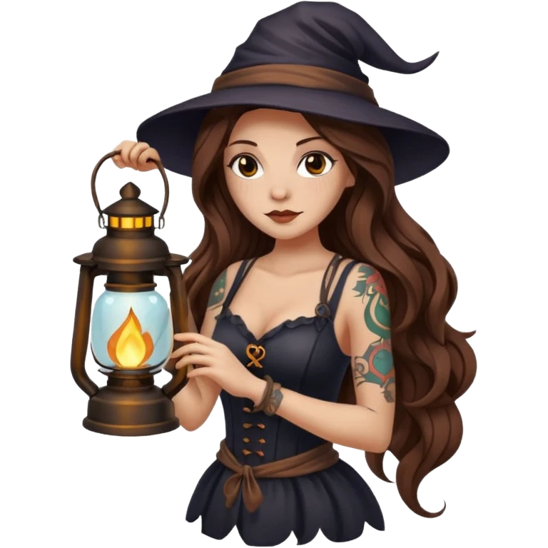 tired night witch woman long wavy brown hair tattoos holding lantern emoji