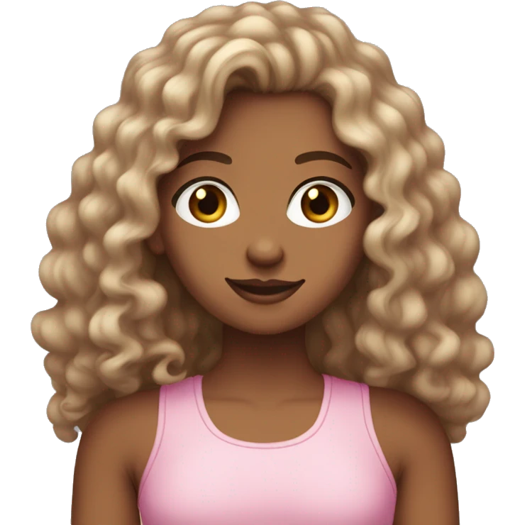 Olive-skinned white girl with long curly dark brown hair, brown eyes, wearing a pink tank top emoji
