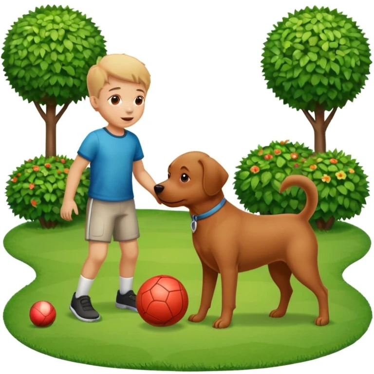 kid and dog playing with ball, garden background emoji