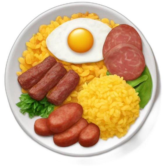 Plato de comida con arroz, frijoles, huevos fritos, chorizos y carne molida emoji